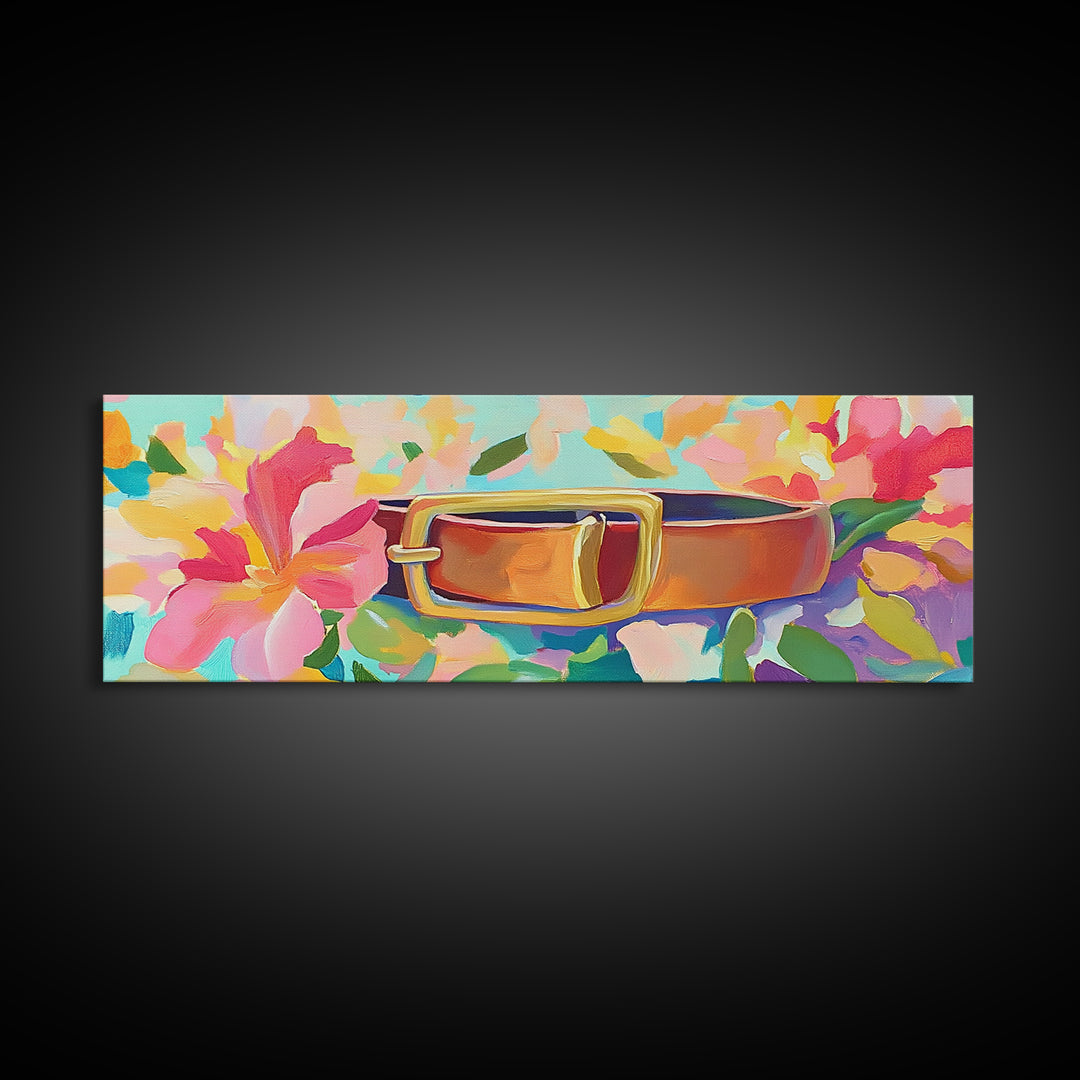 Leather Belt With Gold Buckle And Pink Flowers Wall Art, Feminine Wall Decor, Western Decor, Floral Canvas Print, Gift For Her
