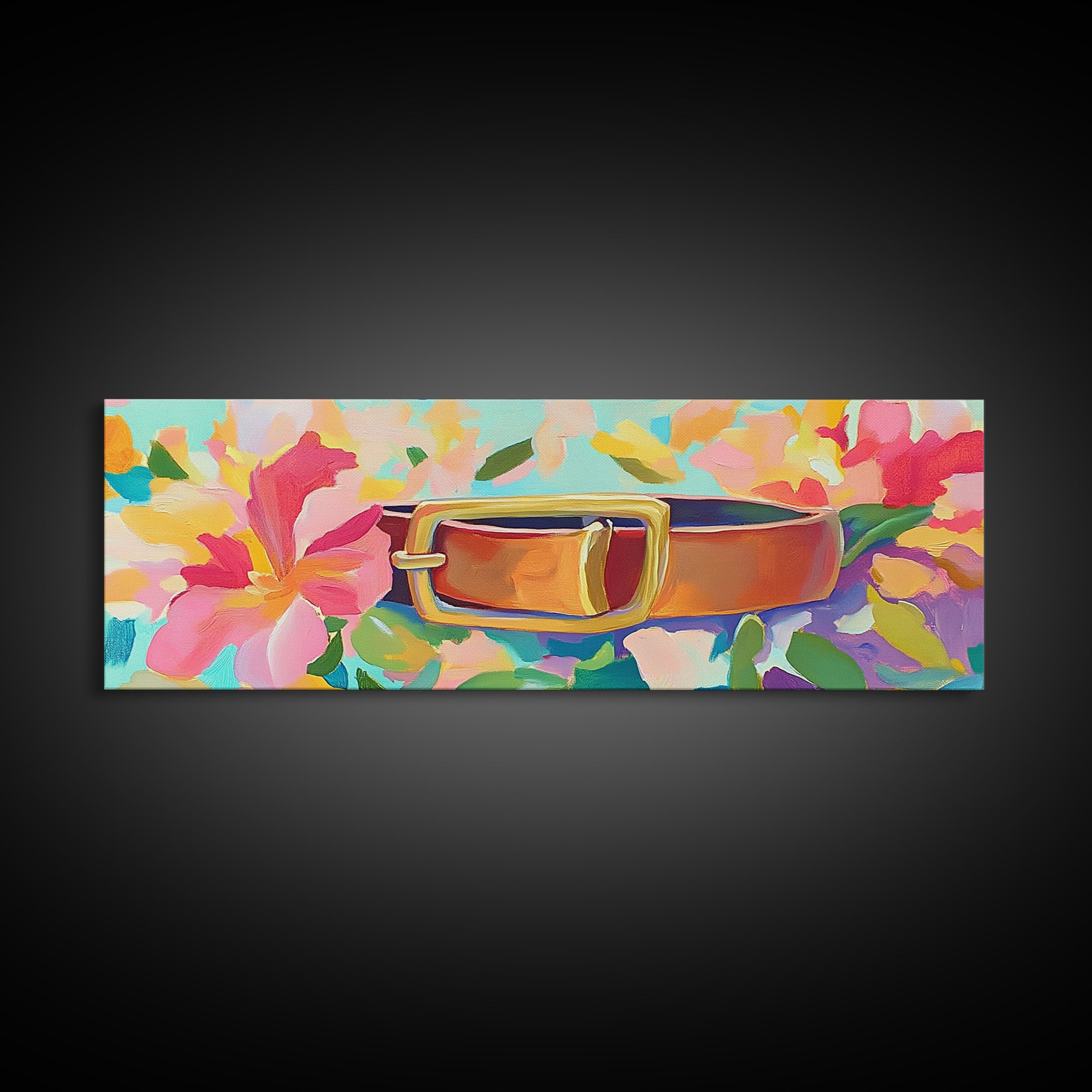 Leather Belt With Gold Buckle And Pink Flowers Wall Art, Feminine Wall Decor, Western Decor, Floral Canvas Print, Gift For Her
