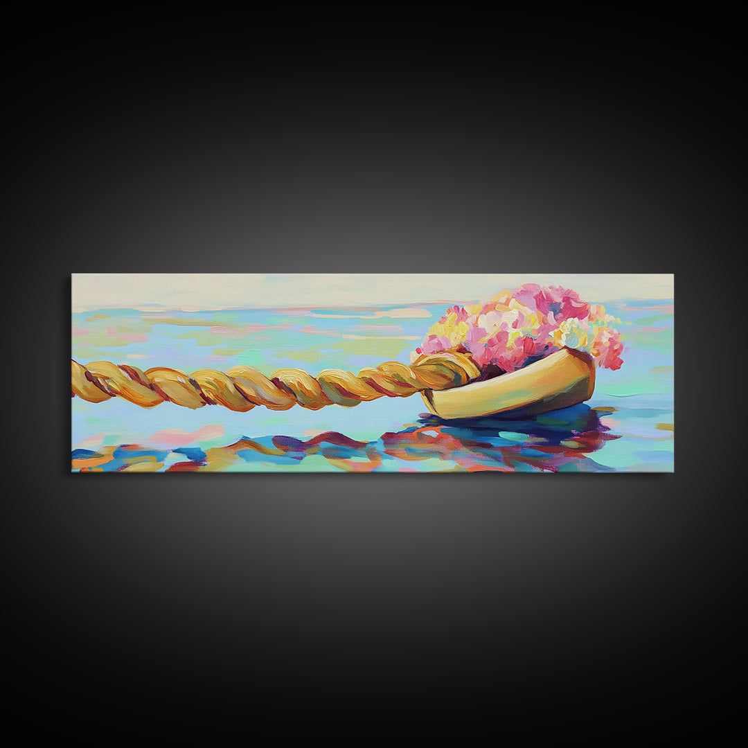 Wooden Boat With Pink Flowers And Rope On Water Canvas Print, Coastal Wall Art, Nautical Decor, Beach House Decor, Gift For Her