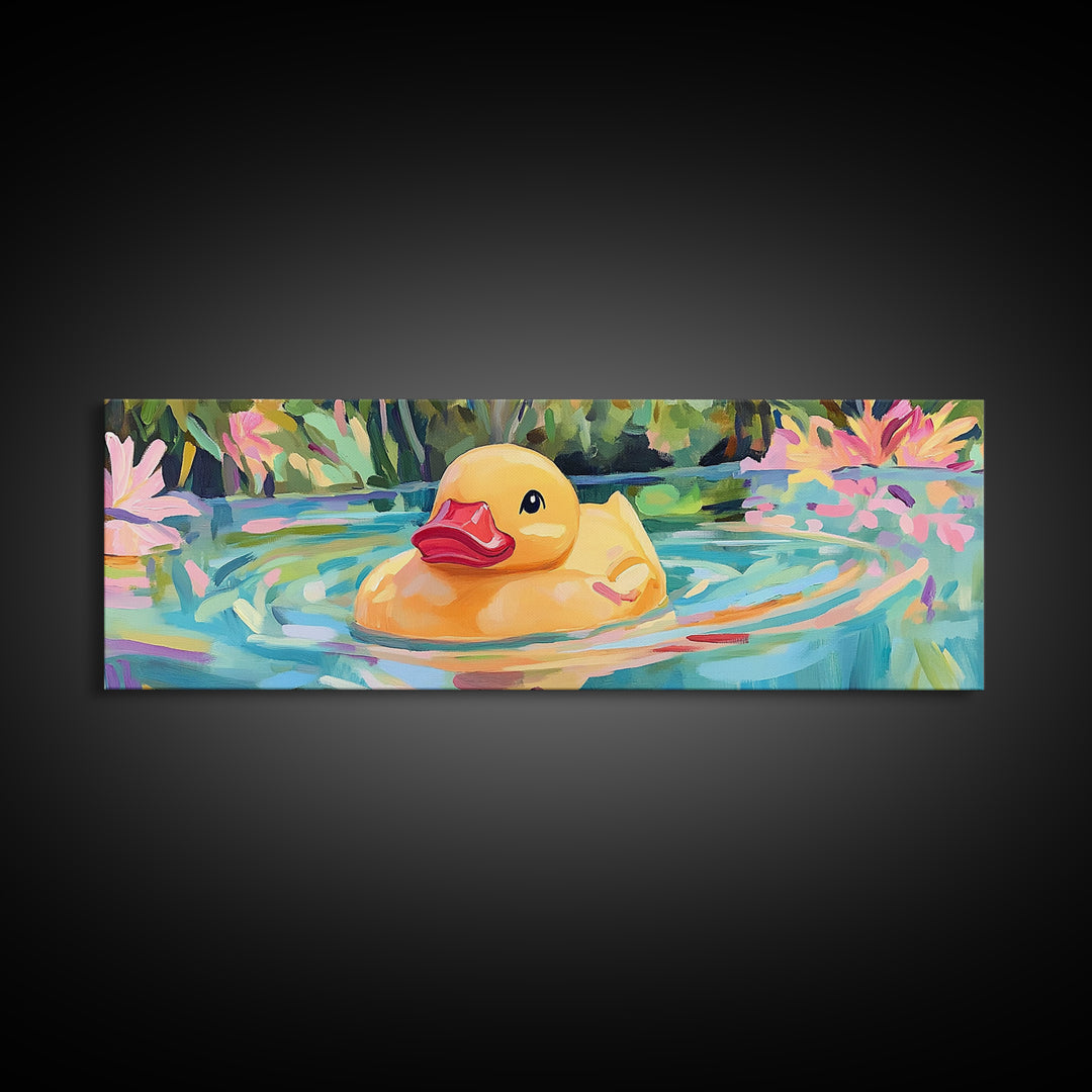 Cheerful Rubber Duck Floating In Lily Pond Wall Art, Kids Bathroom Decor, Whimsical Animal Art, Canvas Print Gift For Kids