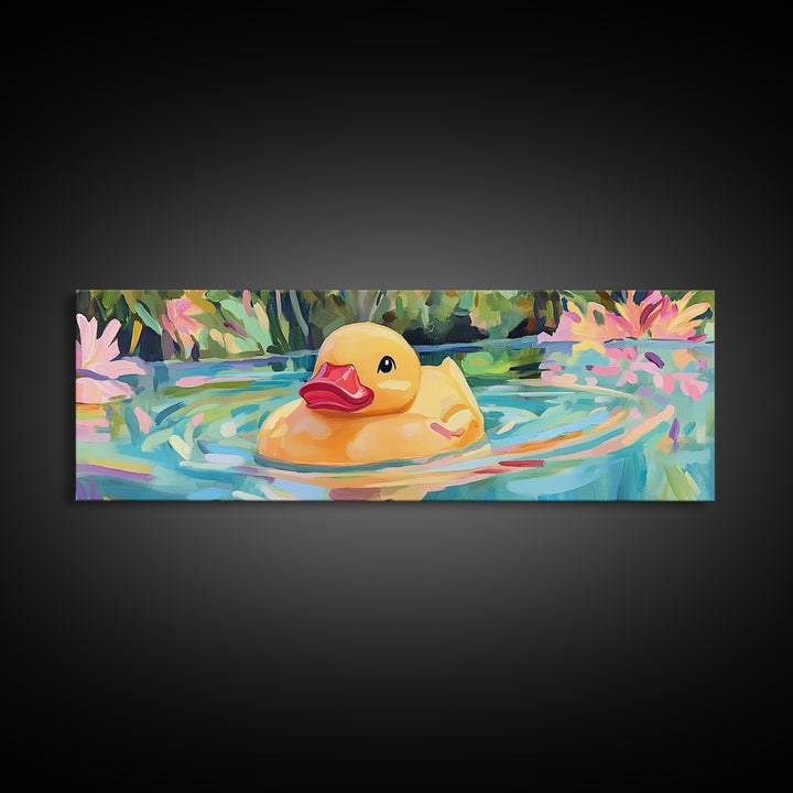 Cheerful Rubber Duck Floating In Lily Pond Wall Art, Kids Bathroom Decor, Whimsical Animal Art, Canvas Print Gift For Kids