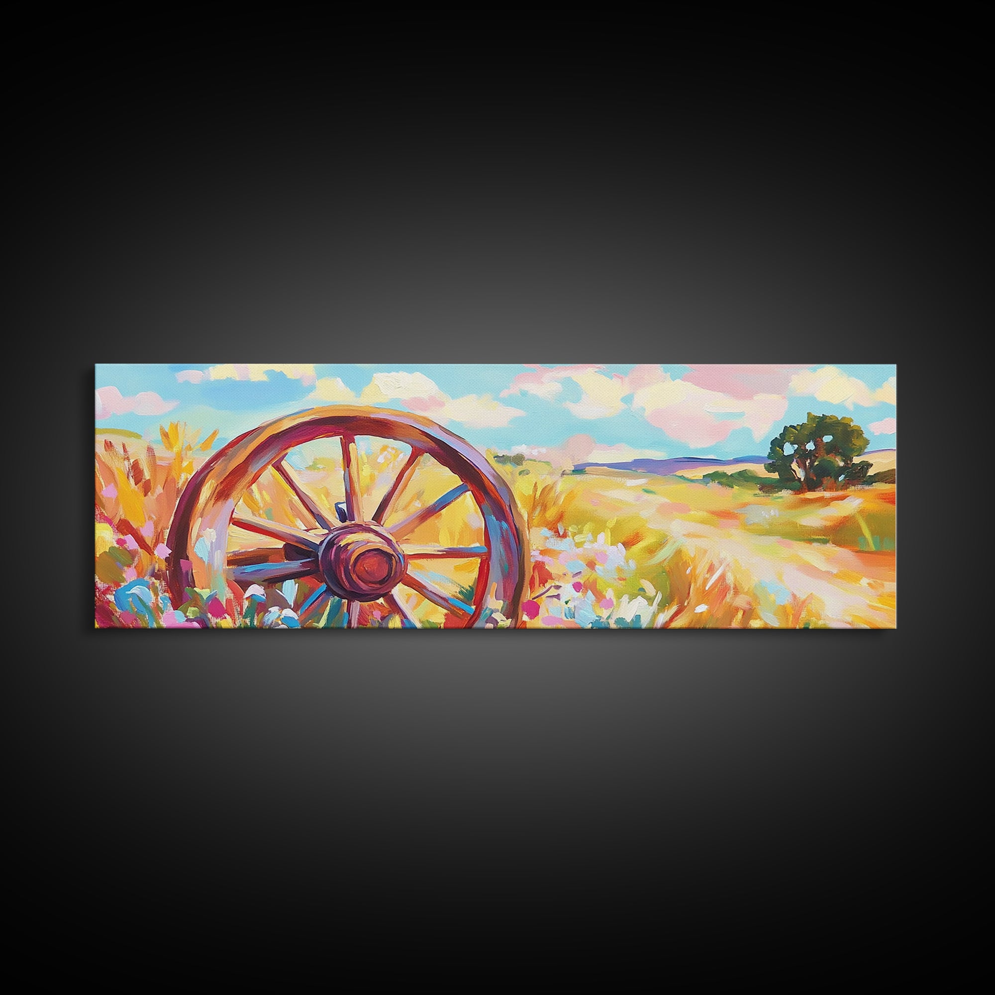 Rustic Wagon Wheel In Wildflower Field Framed Canvas Print, Farmhouse Wall Art, Country Landscape Decor, Gift For Him Home Decor