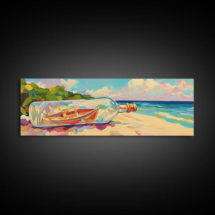 Boat In A Bottle On Sunny Beach Wall Art, Coastal Canvas Print, Ocean Wall Decor, Nautical Decor, Beach House Decor, Seascape Art