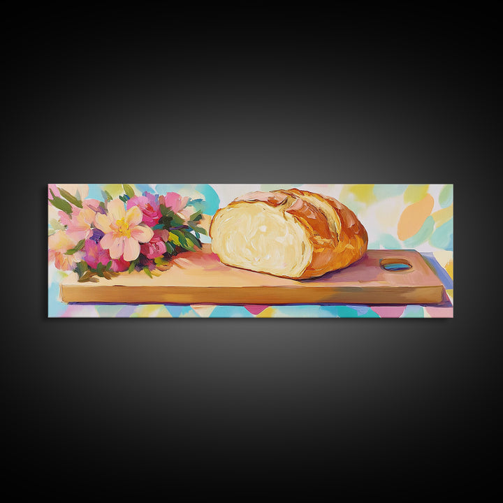 Crusty Bread Loaf And Flowers Canvas Print, Cozy Kitchen Wall Art, Bakery Decor, Food Still Life Art Print, Housewarming Gift
