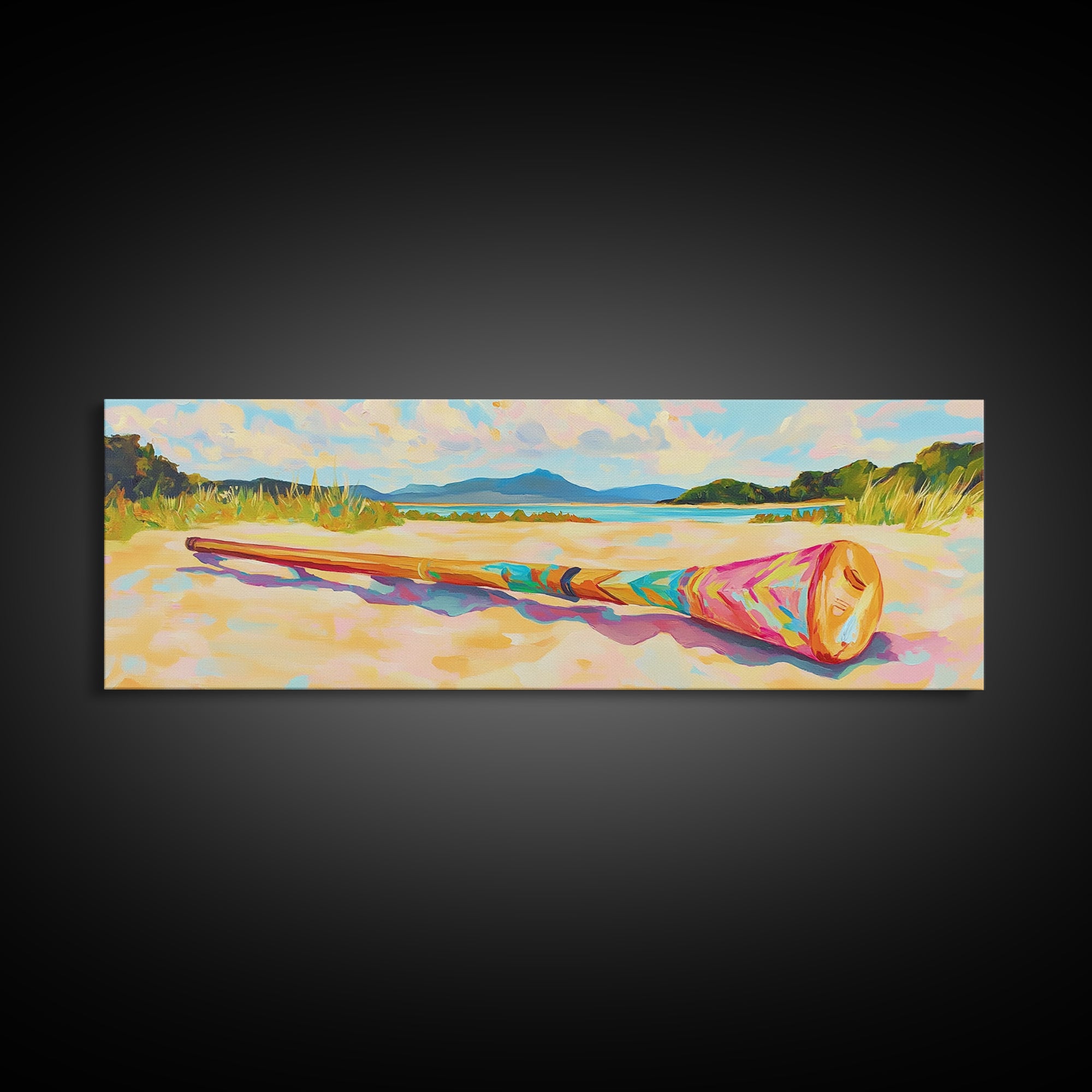 Sunny Beach With Colorful Rolled Mat Wall Art, Coastal Landscape Canvas Print, Ocean Decor, Summer Beach House Art Print