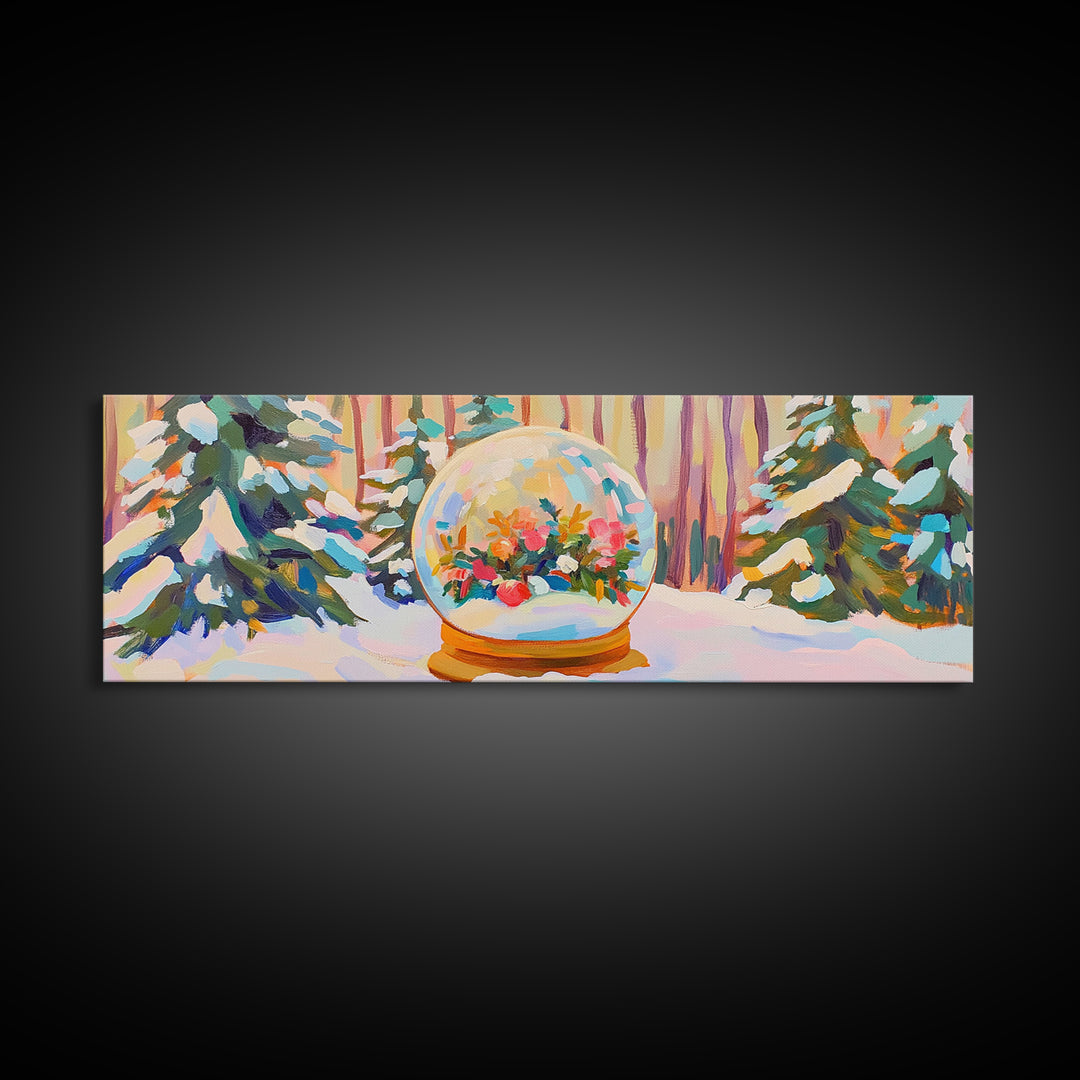 Winter Forest Snow Globe With Flowers Framed Canvas Print, Cozy Christmas Wall Art For Cabin Decor And Seasonal Home Decor