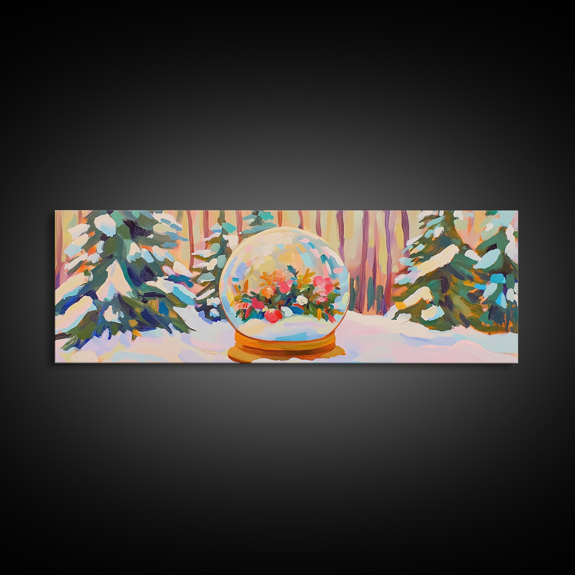 Winter Forest Snow Globe With Flowers Framed Canvas Print, Cozy Christmas Wall Art For Cabin Decor And Seasonal Home Decor