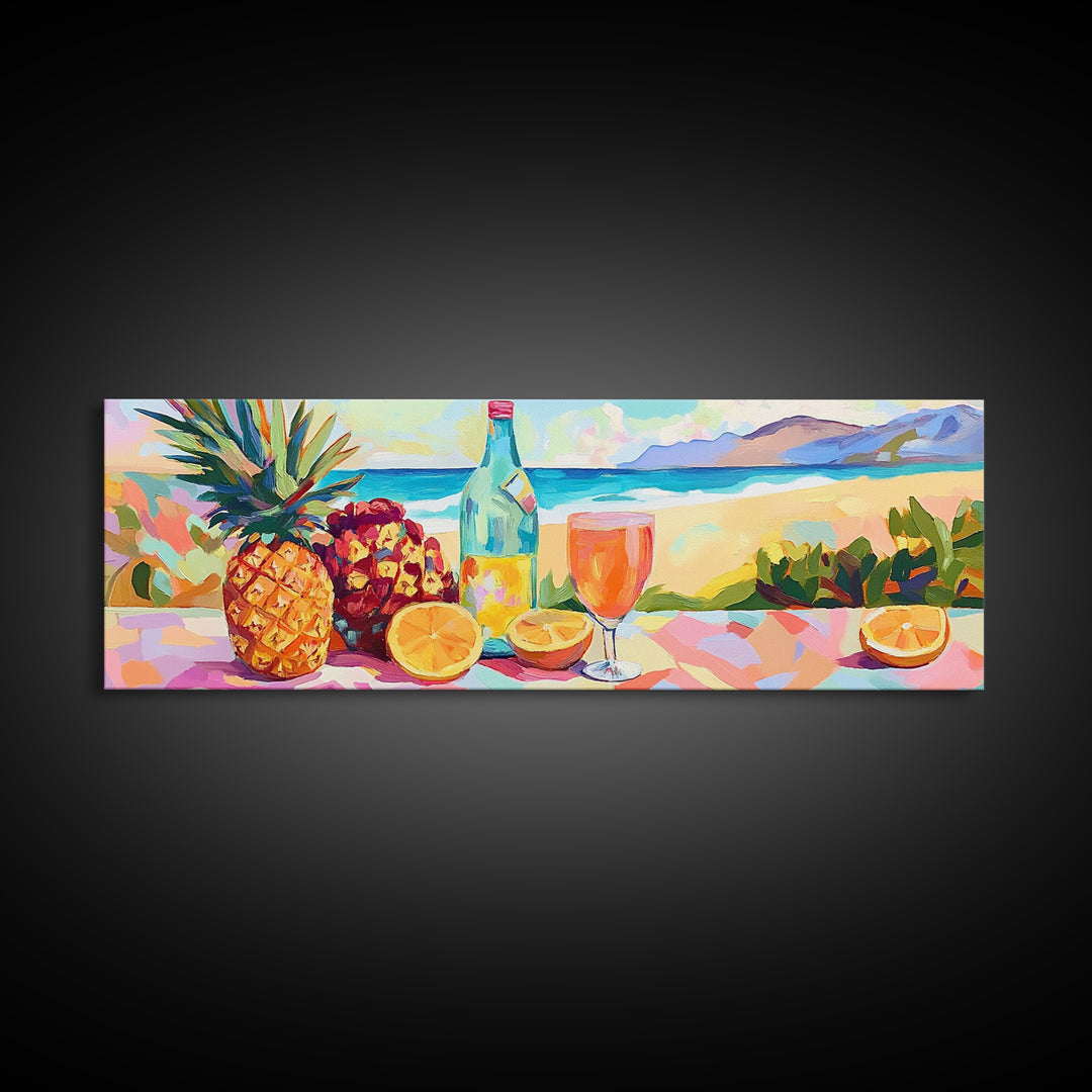 Vibrant Pineapple Citrus Beach Still Life Canvas Print, Tropical Kitchen Wall Art, Coastal Decor, Summer Bar Art Gift For Home Decor