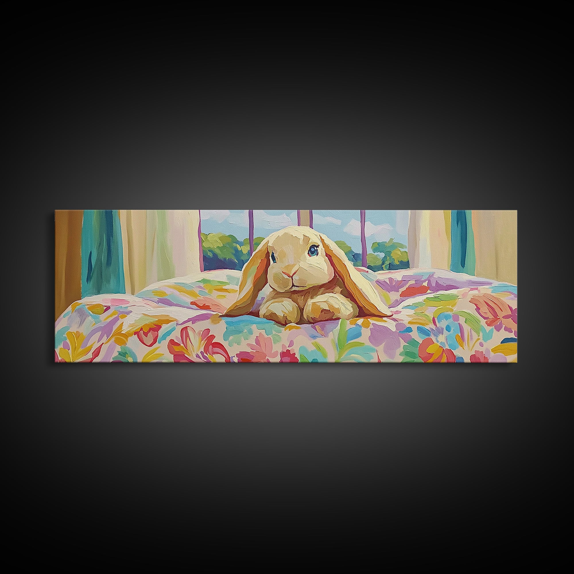 Sweet Bunny On Floral Bed Framed Canvas Print, Nursery Wall Art, Whimsical Kids Room Decor, Cute Animal Baby Shower Gift For Her
