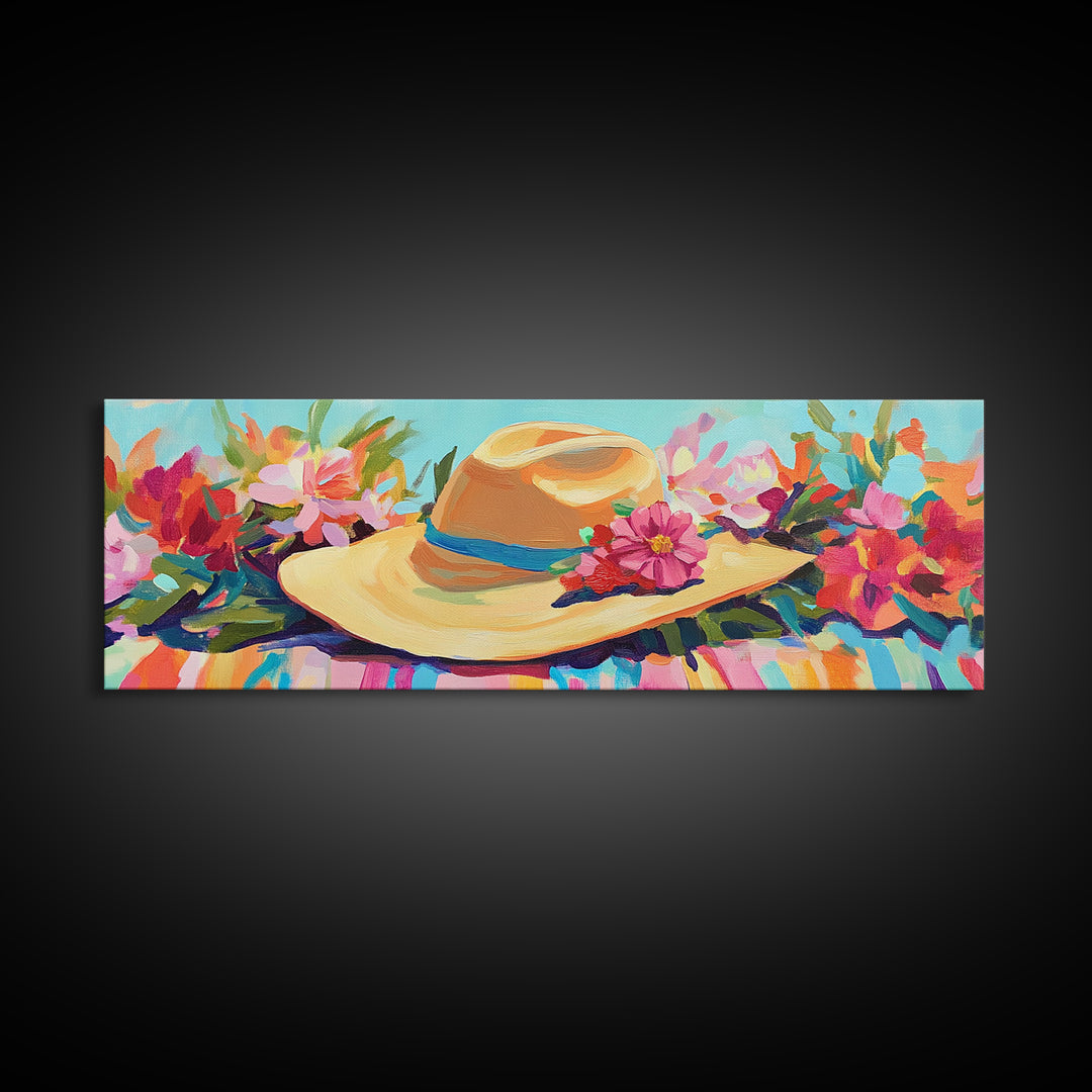 Straw Sun Hat With Tropical Flowers Canvas Print, Beach Wall Art, Coastal Cowgirl Decor, Summer Fashion Gift For Her Home Decor