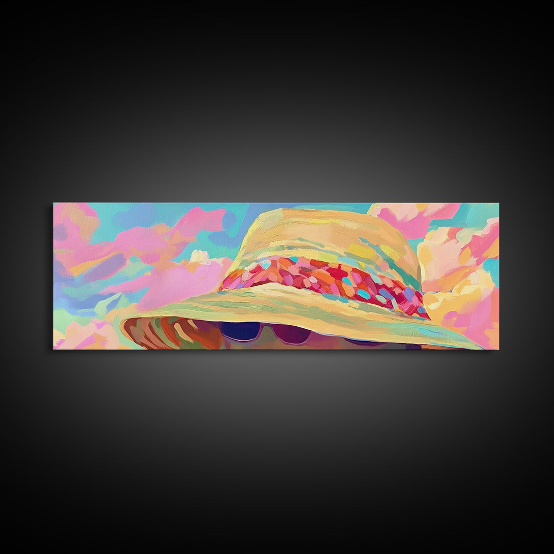 Wide Brim Beach Hat And Sunglasses Canvas Print, Coastal Wall Art, Summer Fashion Decor, Pink Preppy Bedroom Gift For Her