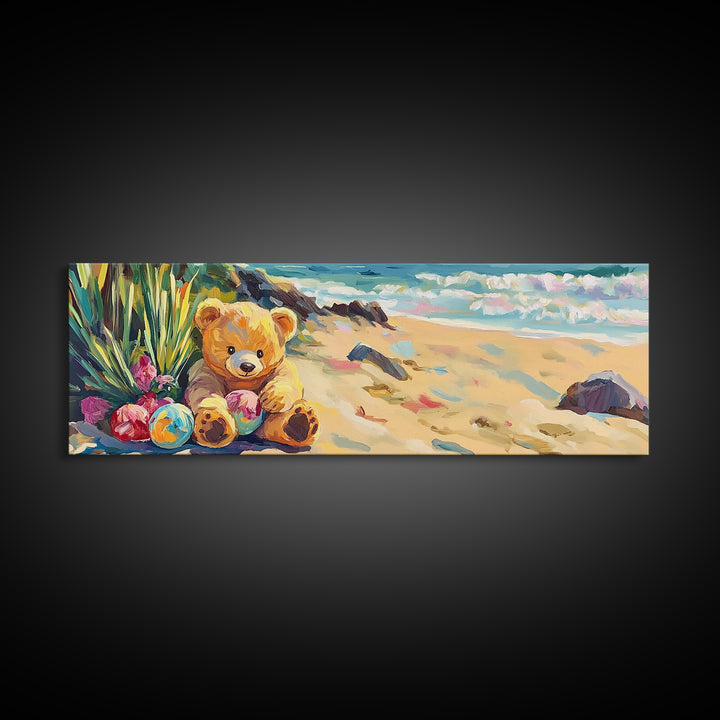 Teddy Bear On Sunny Beach Canvas Print, Coastal Nursery Wall Art, Kids Room Decor, Beach House Decor, Whimsical Baby Gift