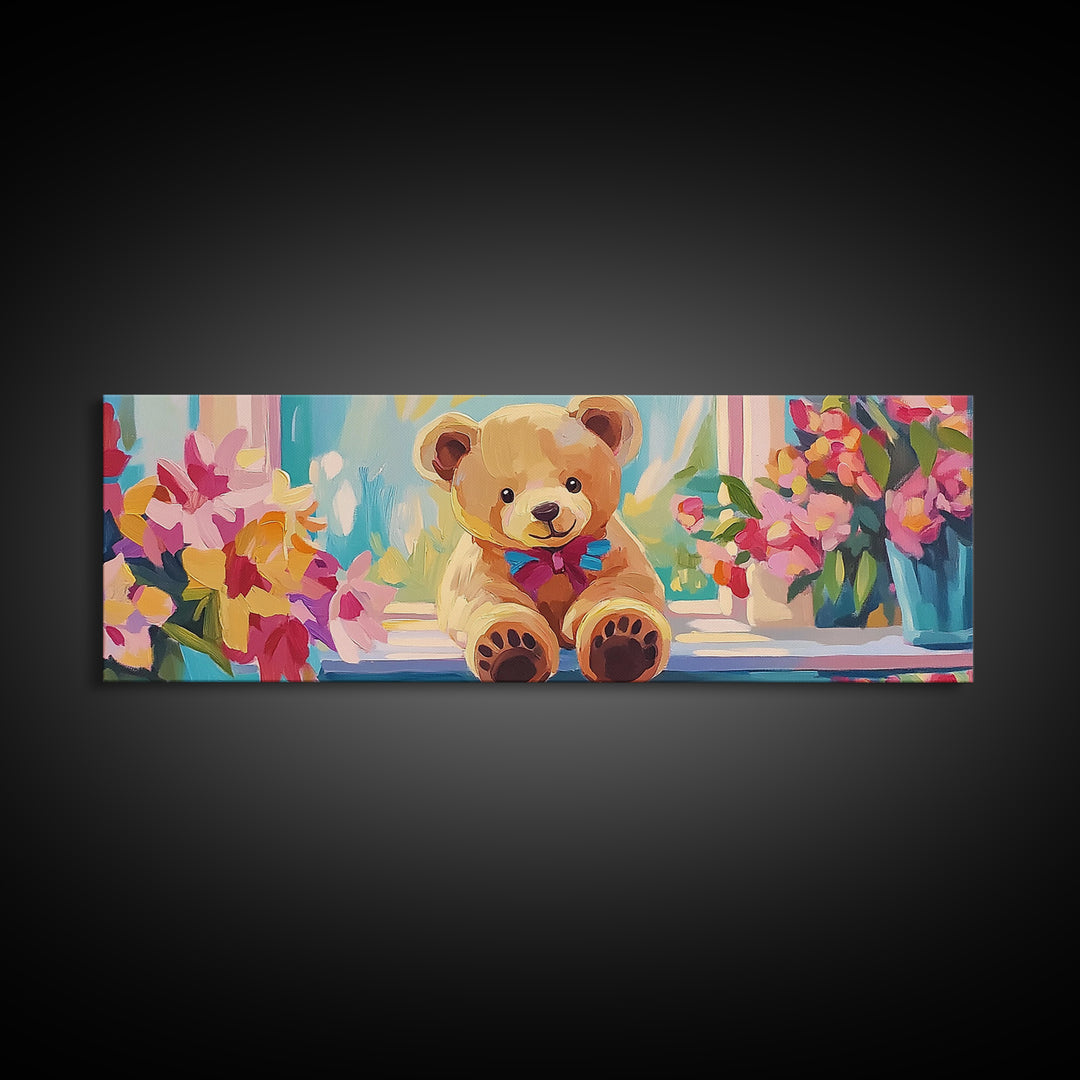 Sweet Teddy Bear By Flower Window Framed Canvas Print, Nursery Wall Art, Kids Room Decor, Whimsical Baby Girl Nursery Gift