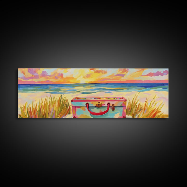 Beach Suitcase At Sunset Canvas Print, Coastal Wall Art, Ocean Wall Decor, Travel Poster, Beach House Decor Gift For Her