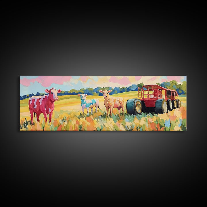 Cows And Sheep Beside Red Farm Wagon Canvas Print, Rustic Farmhouse Wall Art, Country Landscape, Nursery Animal Decor, Baby Shower Gift