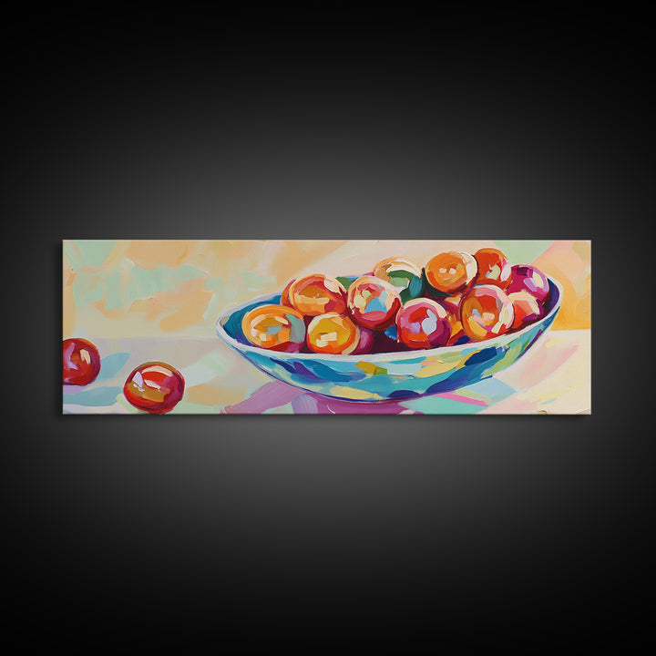 Glossy Cherries In Blue Bowl Canvas Print, Colorful Kitchen Wall Art, Fruit Still Life Painting, Dining Room Decor Gift Idea