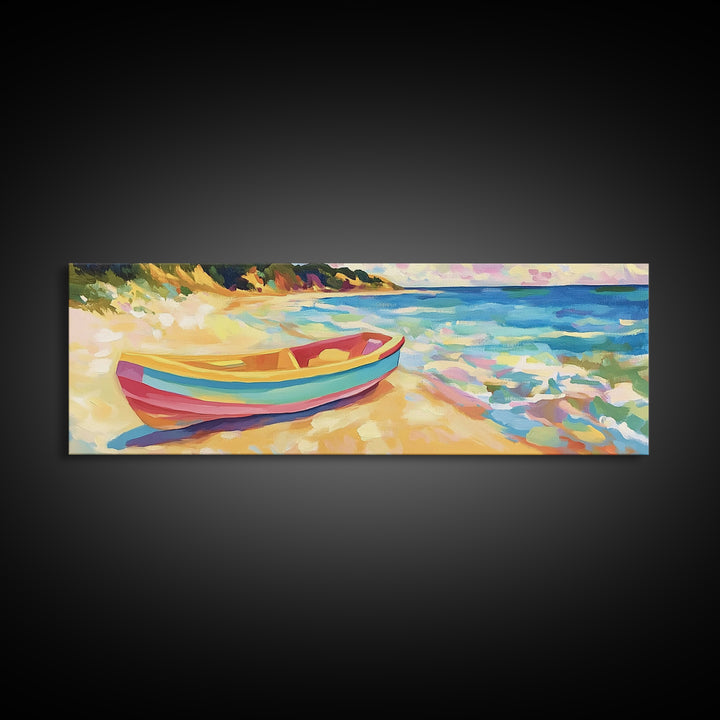 Striped Rowboat Beside Turquoise Waves Wall Art, Coastal Canvas Print, Seascape Painting, Beach House Decor, Ocean Wall Art