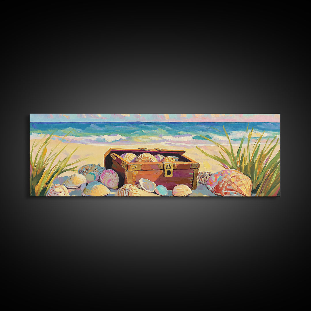 Beach Treasure Chest With Seashells Wall Art, Coastal Canvas Print, Ocean Decor, Beach House Decor, Summer Seascape Gift