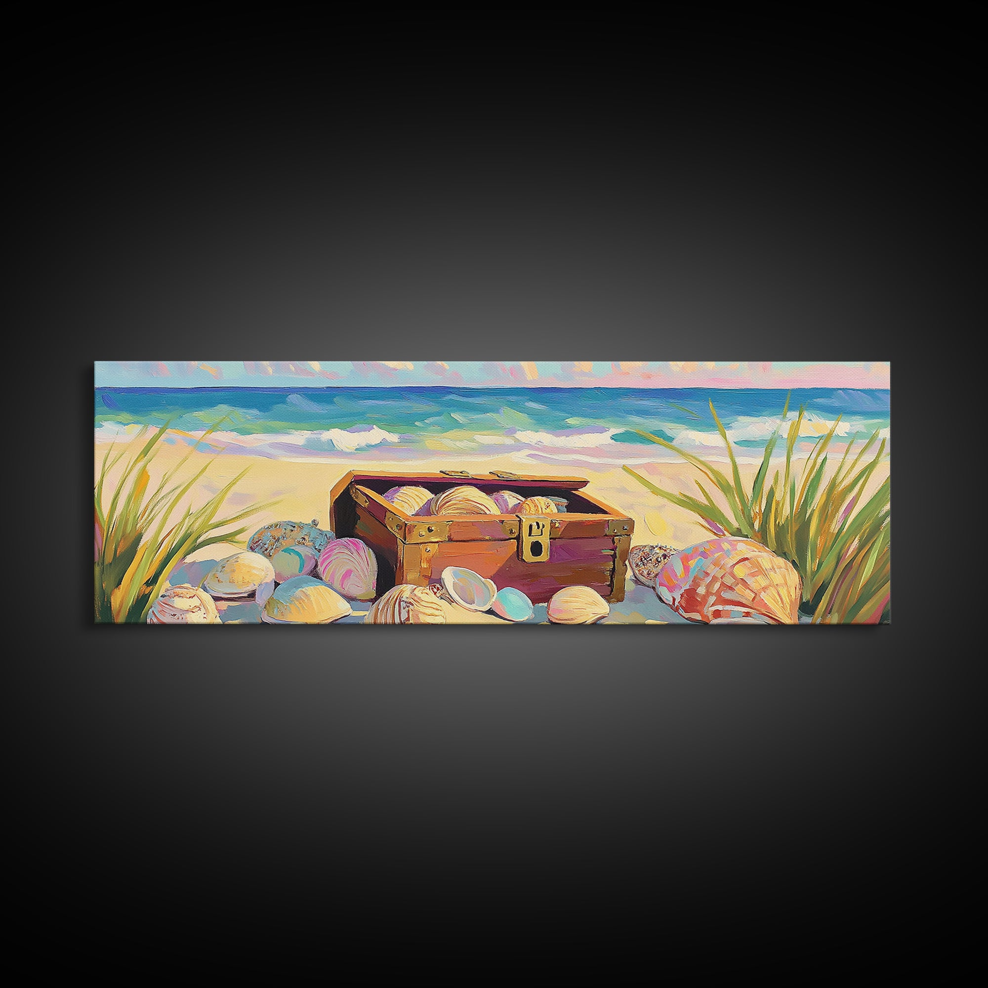 Beach Treasure Chest With Seashells Wall Art, Coastal Canvas Print, Ocean Decor, Beach House Decor, Summer Seascape Gift