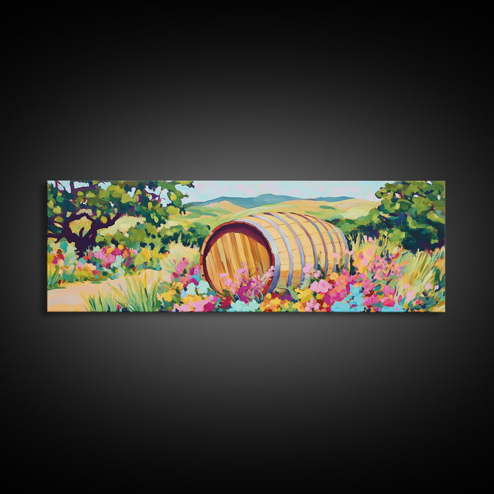 Wine Barrel In Wildflower Vineyard Wall Art, Framed Canvas Print, Winery Decor, Rustic Landscape Art, Housewarming Gift For Her