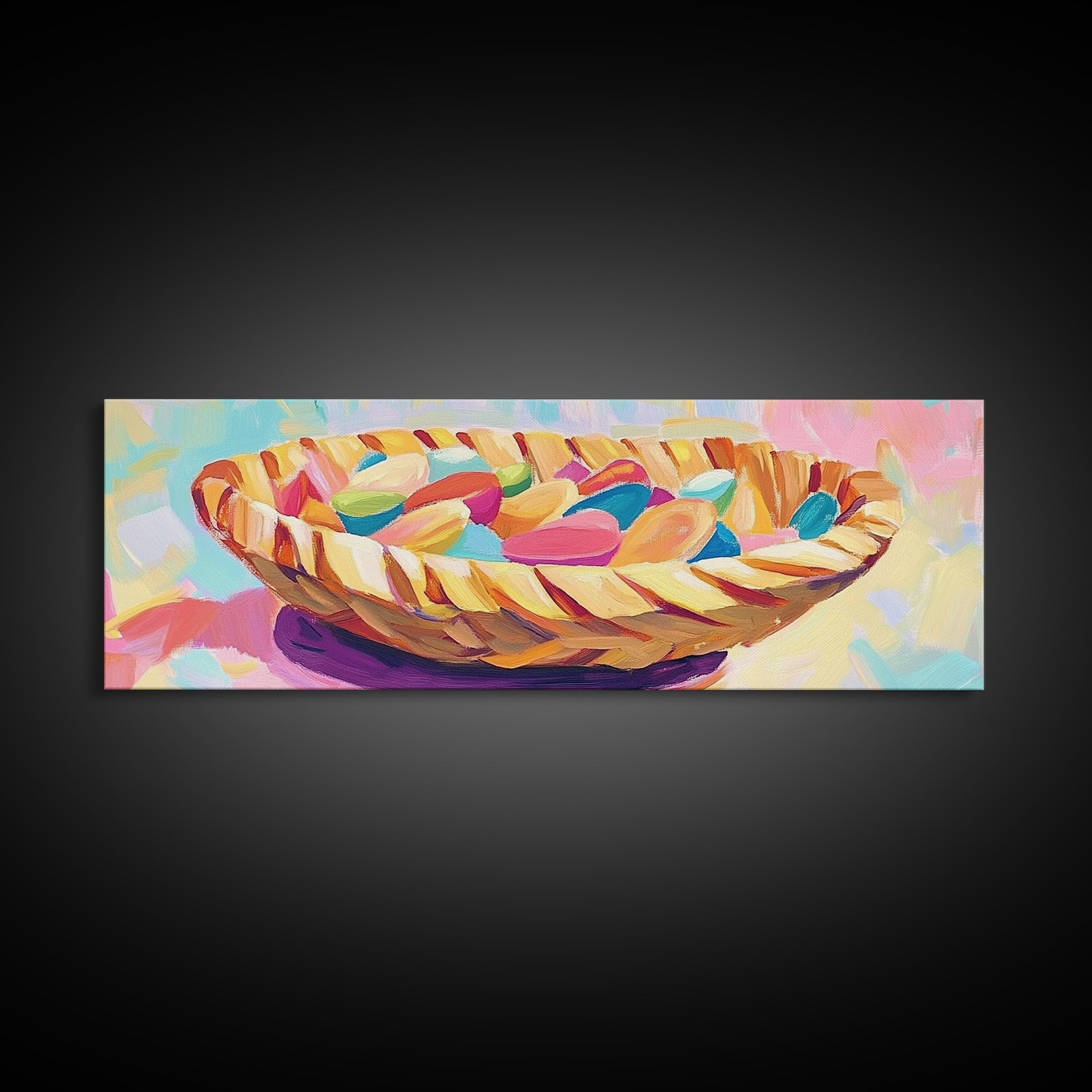 Woven Basket Of Colorful Candy Canvas Print, Whimsical Kitchen Wall Art, Dopamine Decor, Playful Dining Room Art Print Gift