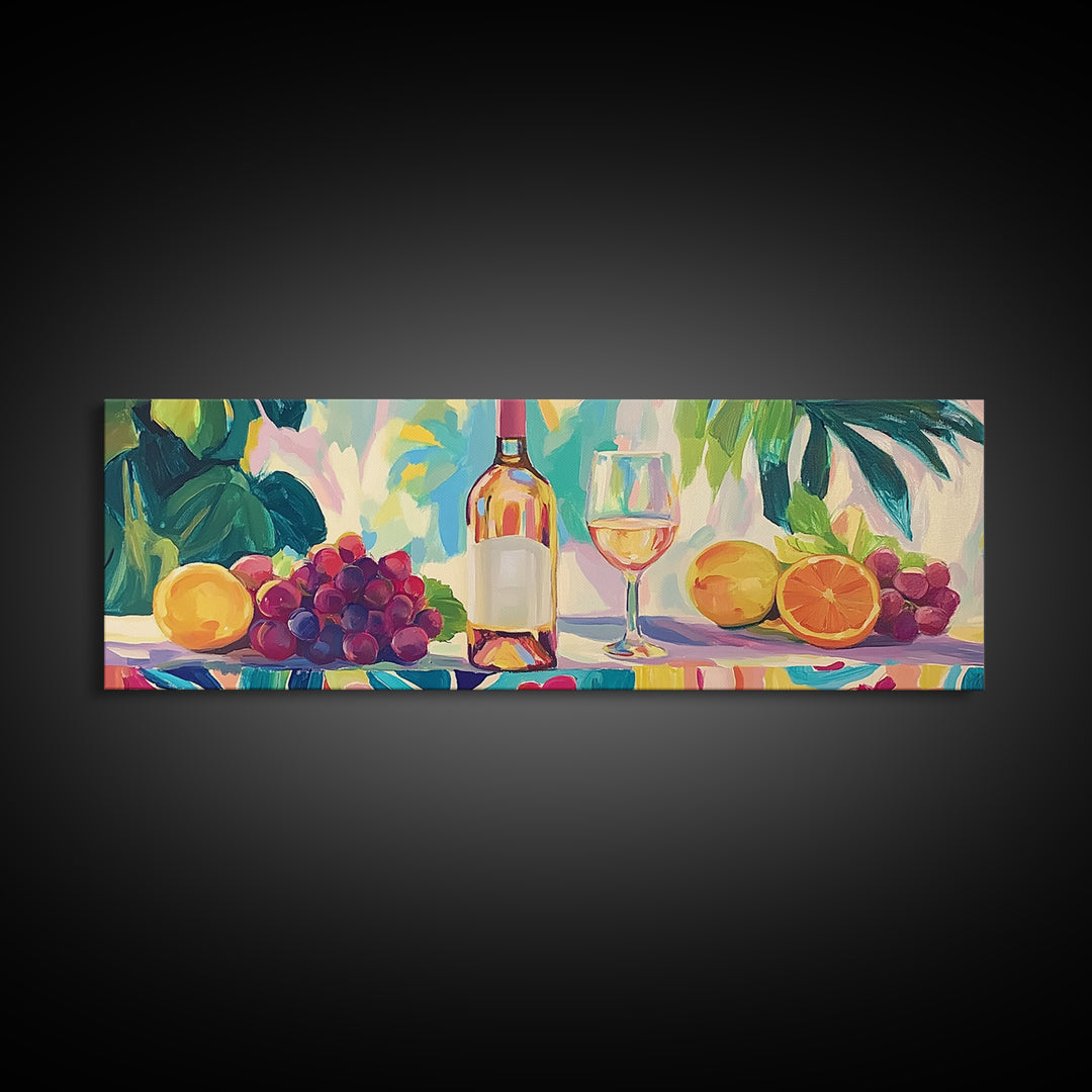 Wine Bottle With Citrus And Grapes Canvas Print, Colorful Kitchen Wall Art, Coastal Dining Room Decor, Wine Lover Gift Idea