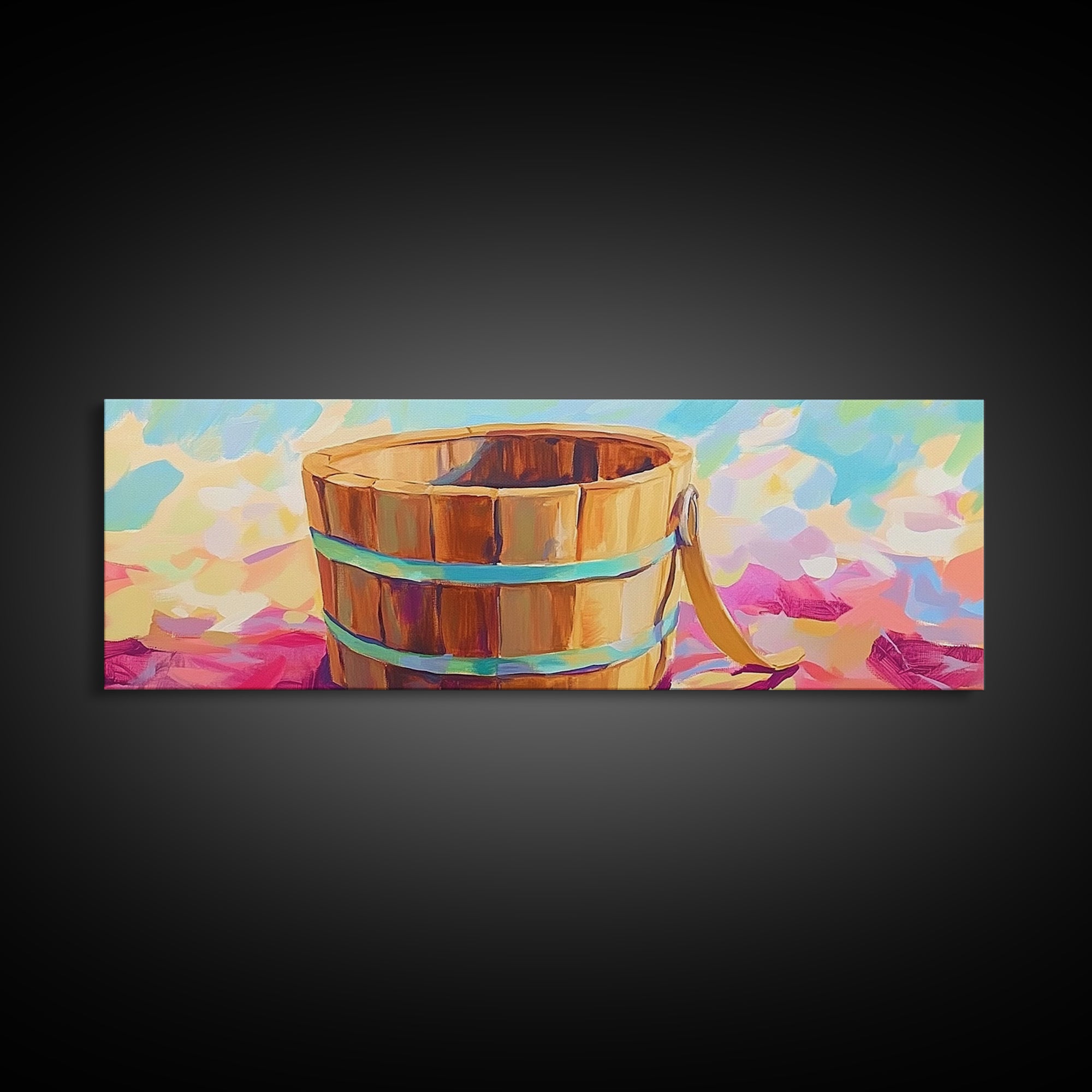 Wooden Beach Bucket On Pink Towel Canvas Print, Coastal Wall Art, Summer Bathroom Decor, Beach House Wall Decor Gift Idea