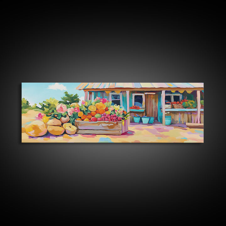 Fruit Stand With Flowers And Citrus Canvas Print, Farmhouse Kitchen Wall Art, Country Home Decor, Farmers Market Gift Idea