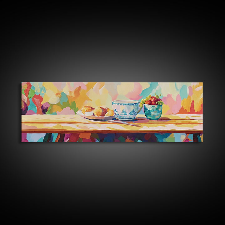 Colorful Breakfast Still Life With Blue Teacup And Berries Wall Art, Bright Kitchen Decor, Dining Room Print, Foodie Gift