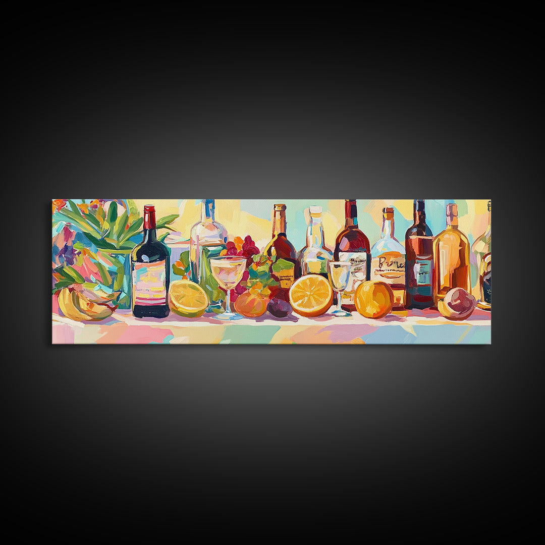 Colorful Wine Bottles And Citrus Still Life Canvas Print, Kitchen Wall Art, Dining Room Decor, Bar Cart Art, Wine Lover Gift
