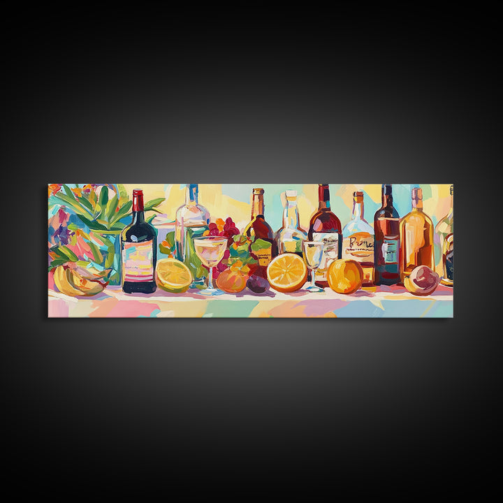Colorful Wine Bottles And Citrus Still Life Canvas Print, Kitchen Wall Art, Dining Room Decor, Bar Cart Art, Wine Lover Gift