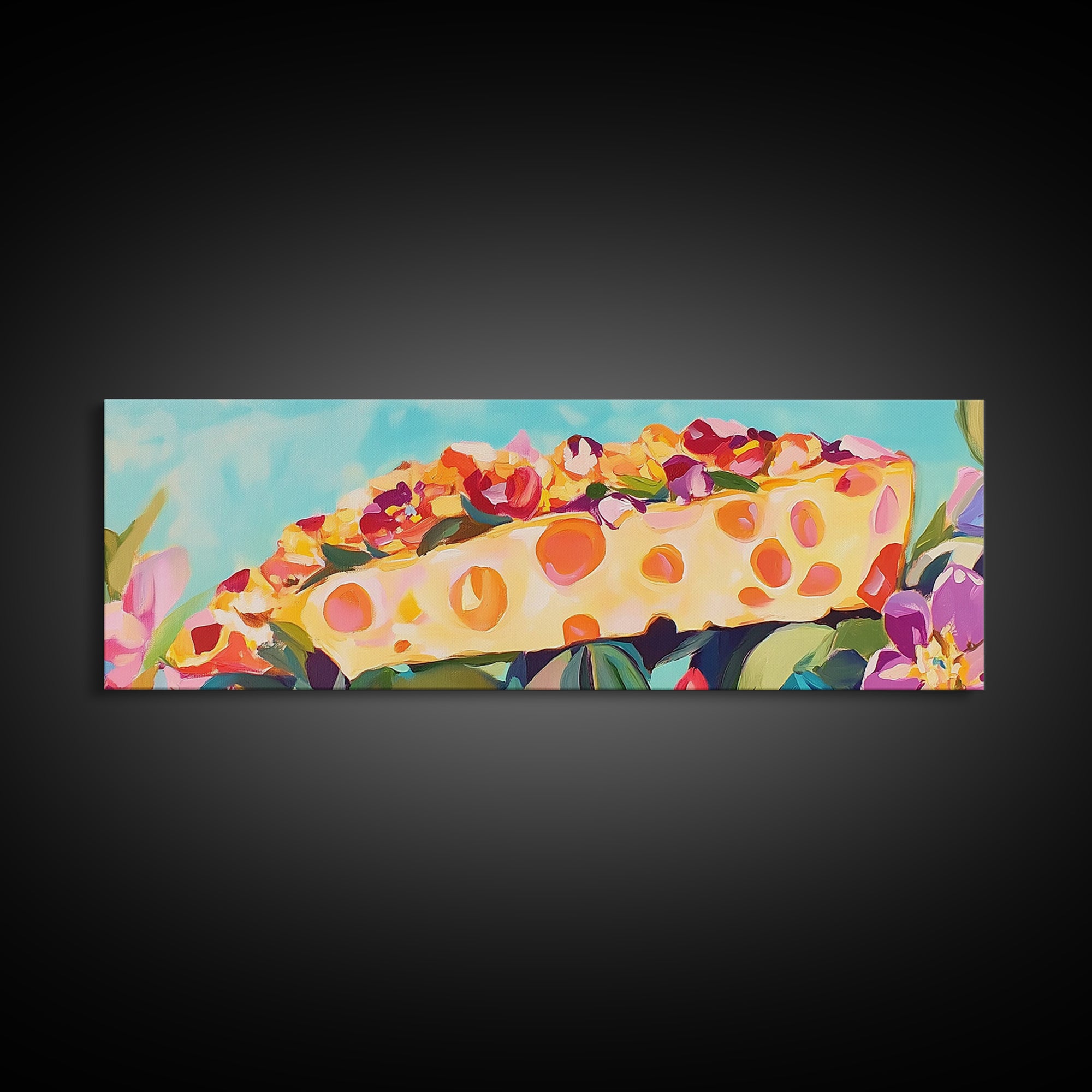 Whimsical Cheese Wedge Still Life Canvas Print, Kitchen Wall Art, Dining Room Decor, Foodie Gift, Colorful Kitchen Art Print