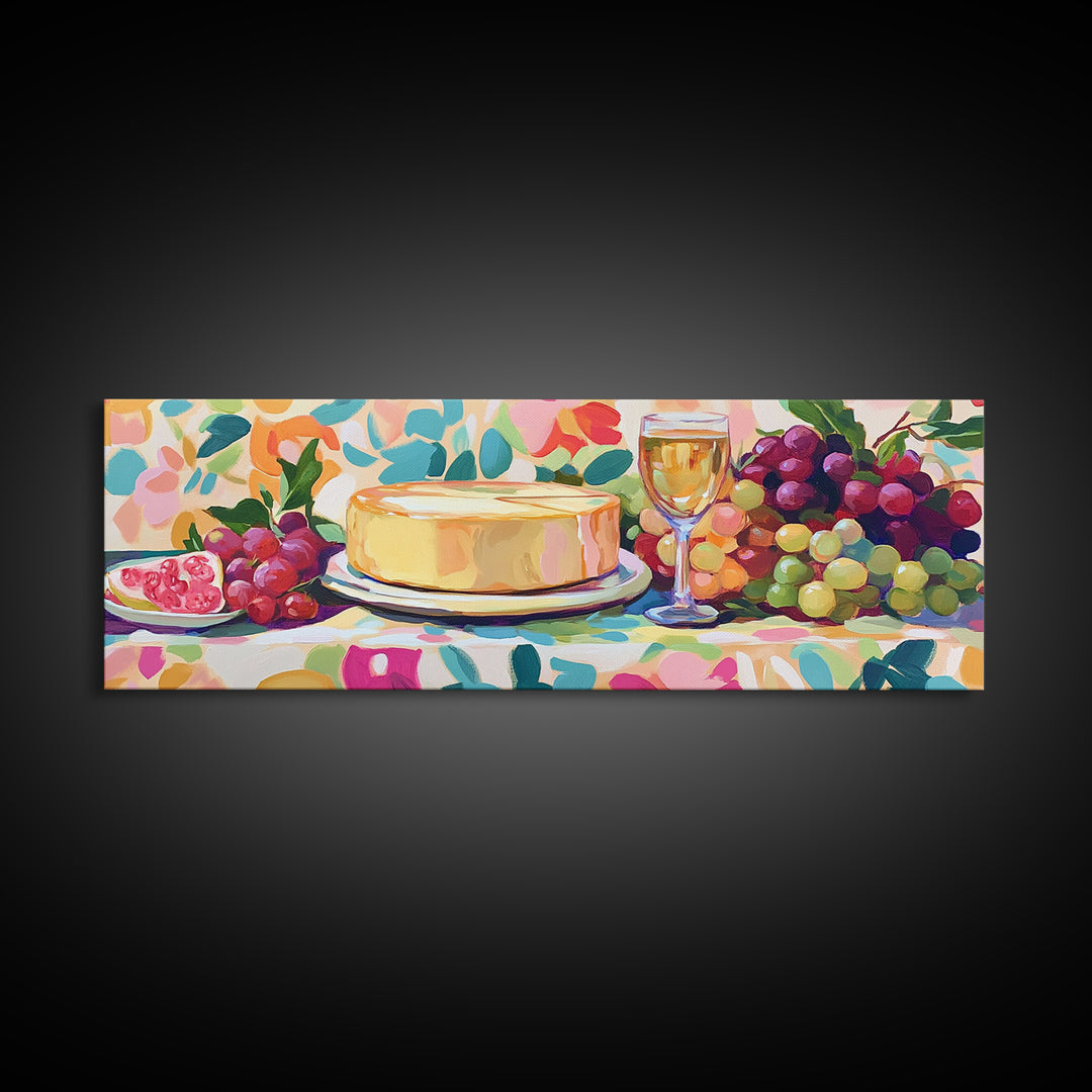 Cheese Wheel With Wine And Grapes Framed Canvas Print, Kitchen Wall Art, Dining Room Decor, Winery Decor, Housewarming Gift