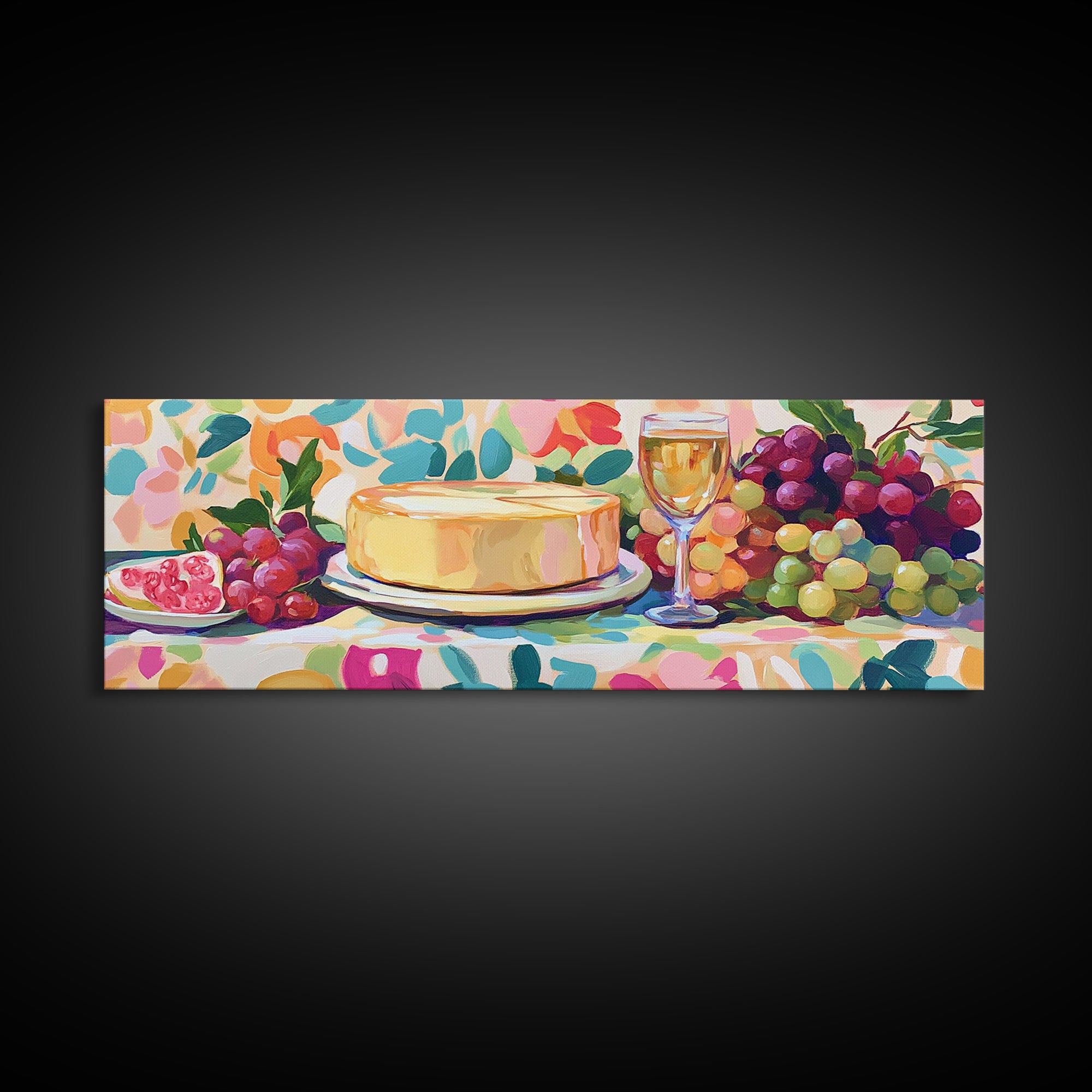 Cheese Wheel With Wine And Grapes Framed Canvas Print, Kitchen Wall Art, Dining Room Decor, Winery Decor, Housewarming Gift