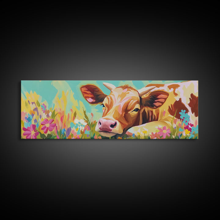 Sweet Calf In Wildflowers Canvas Print, Farm Animal Wall Art, Rustic Farmhouse Decor, Nursery Animal Art, Gift For Her, Kids Room Decor