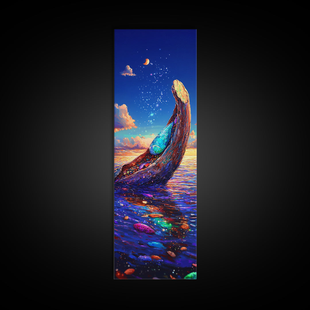 Moonlit Ocean Whale Canvas Print, Colorful Seascape Painting, Magical Coastal Wall Art, Beach House Decor, Fantasy Gift Idea
