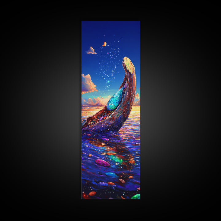 Moonlit Ocean Whale Canvas Print, Colorful Seascape Painting, Magical Coastal Wall Art, Beach House Decor, Fantasy Gift Idea