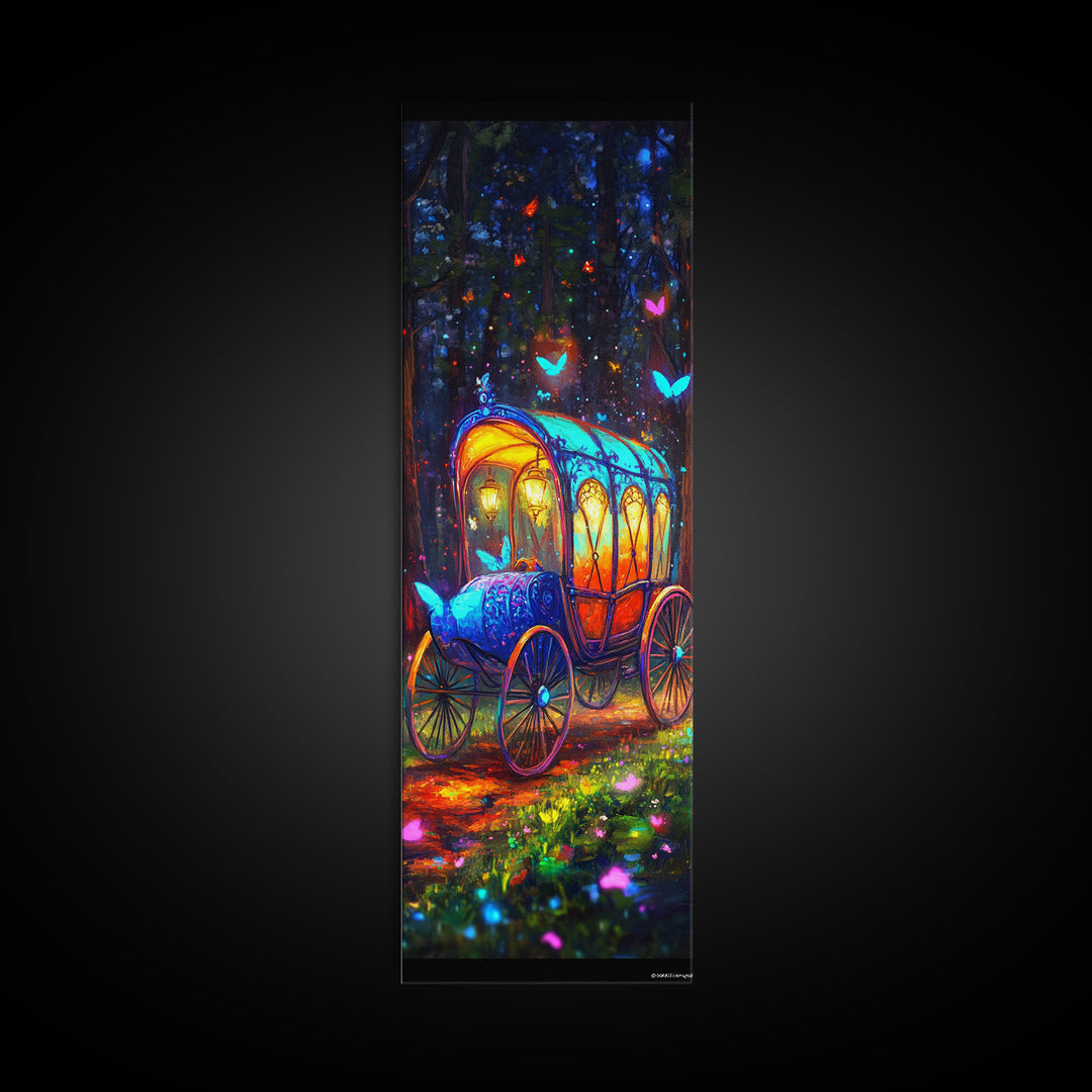 Glowing Fairy Tale Carriage In Forest Wall Art, Whimsical Fantasy Art Print, Nursery Decor, Magical Woodland Decor, Kids Room Art