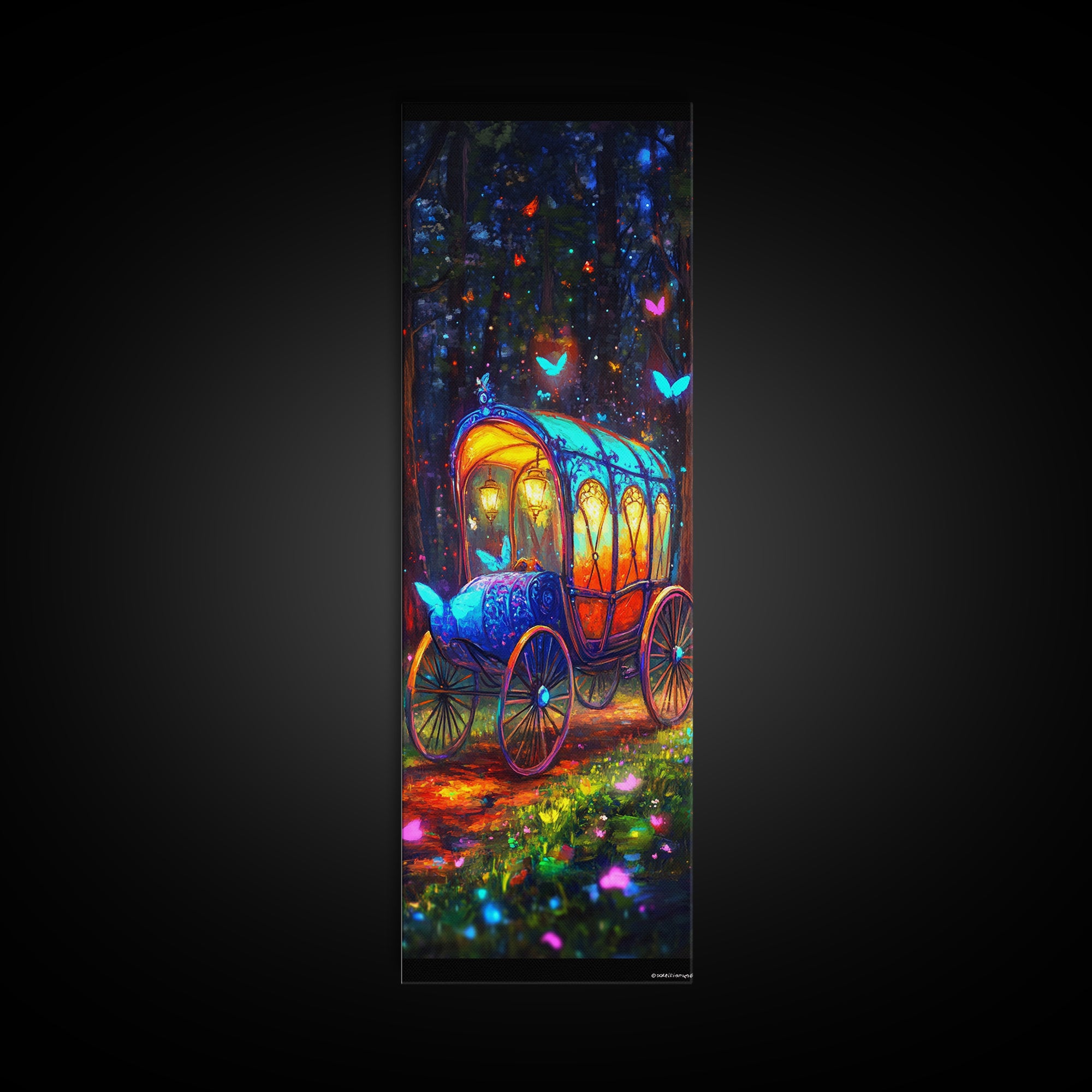 Glowing Fairy Tale Carriage In Forest Wall Art, Whimsical Fantasy Art Print, Nursery Decor, Magical Woodland Decor, Kids Room Art