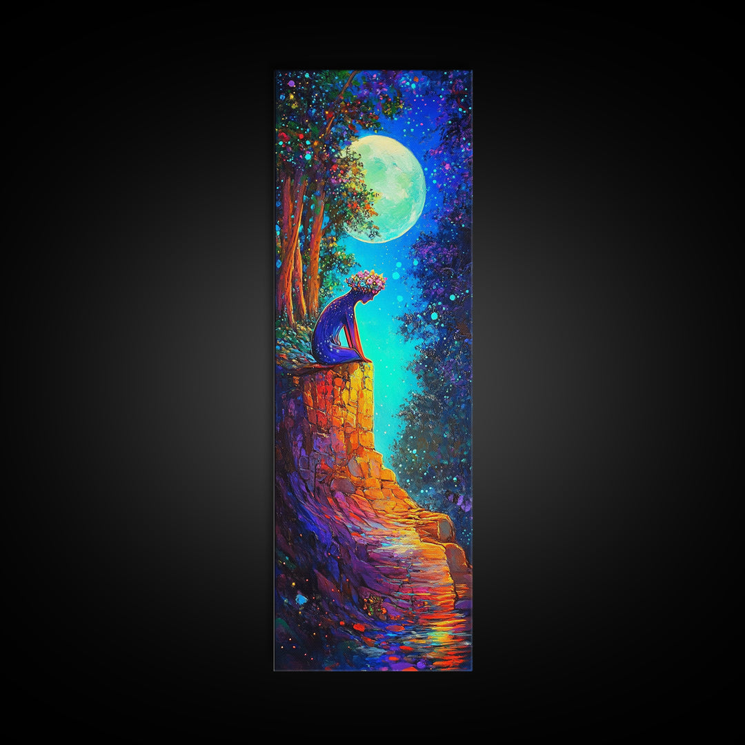 Moonlit Black Cat On Stone Wall Canvas Print, Whimsical Fantasy Wall Art, Celestial Decor, Cat Lover Gift, Nursery Art Print