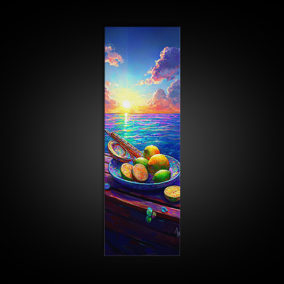Ocean Sunset With Limes And Oar Framed Canvas Print, Coastal Kitchen Wall Art, Beach House Decor, Vibrant Seascape Art Print