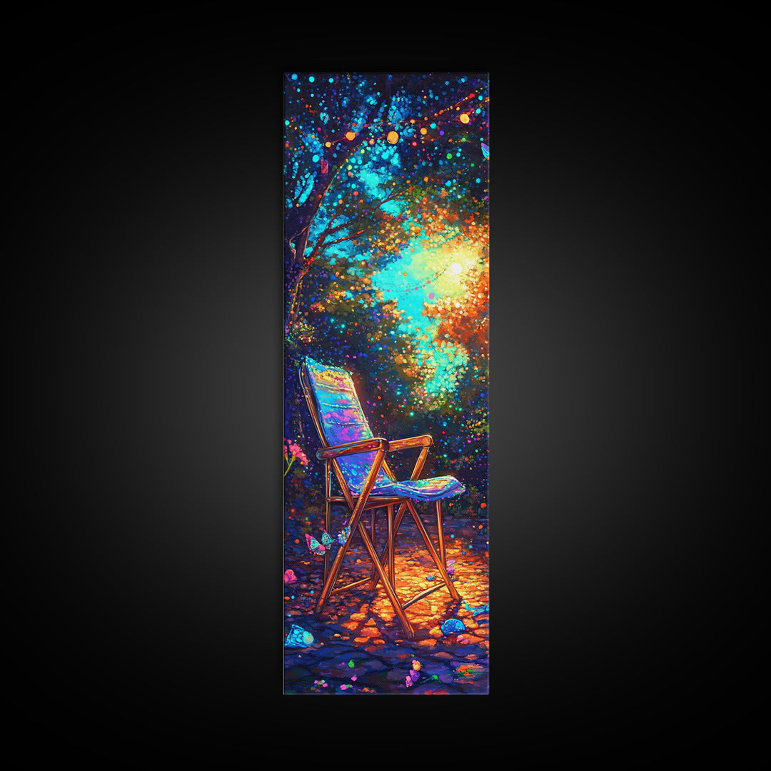 Empty Chair In Glowing Forest Wall Art, Magical Nature Canvas Print, Whimsical Garden Decor, Cozy Outdoor Patio Art Print