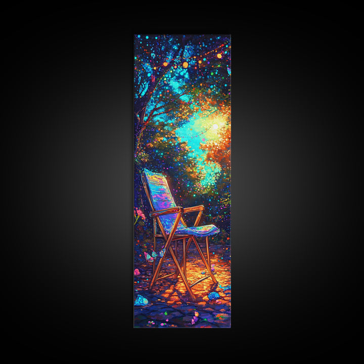 Empty Chair In Glowing Forest Wall Art, Magical Nature Canvas Print, Whimsical Garden Decor, Cozy Outdoor Patio Art Print