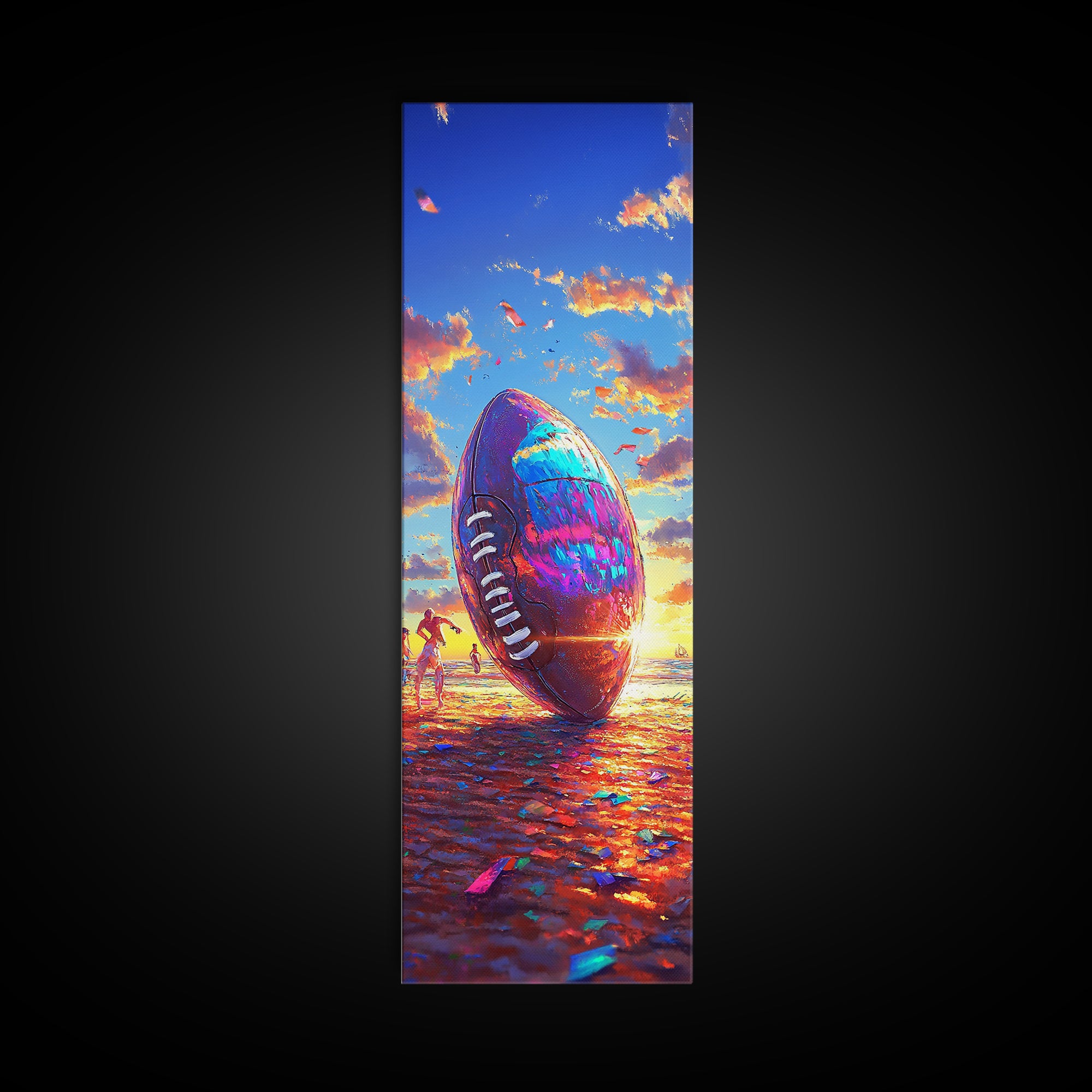 Giant Football At Sunset Beach Canvas Print, Sports Wall Art, Boys Room Decor, Game Room Art, Gift For Him, Sports Gift For Dad
