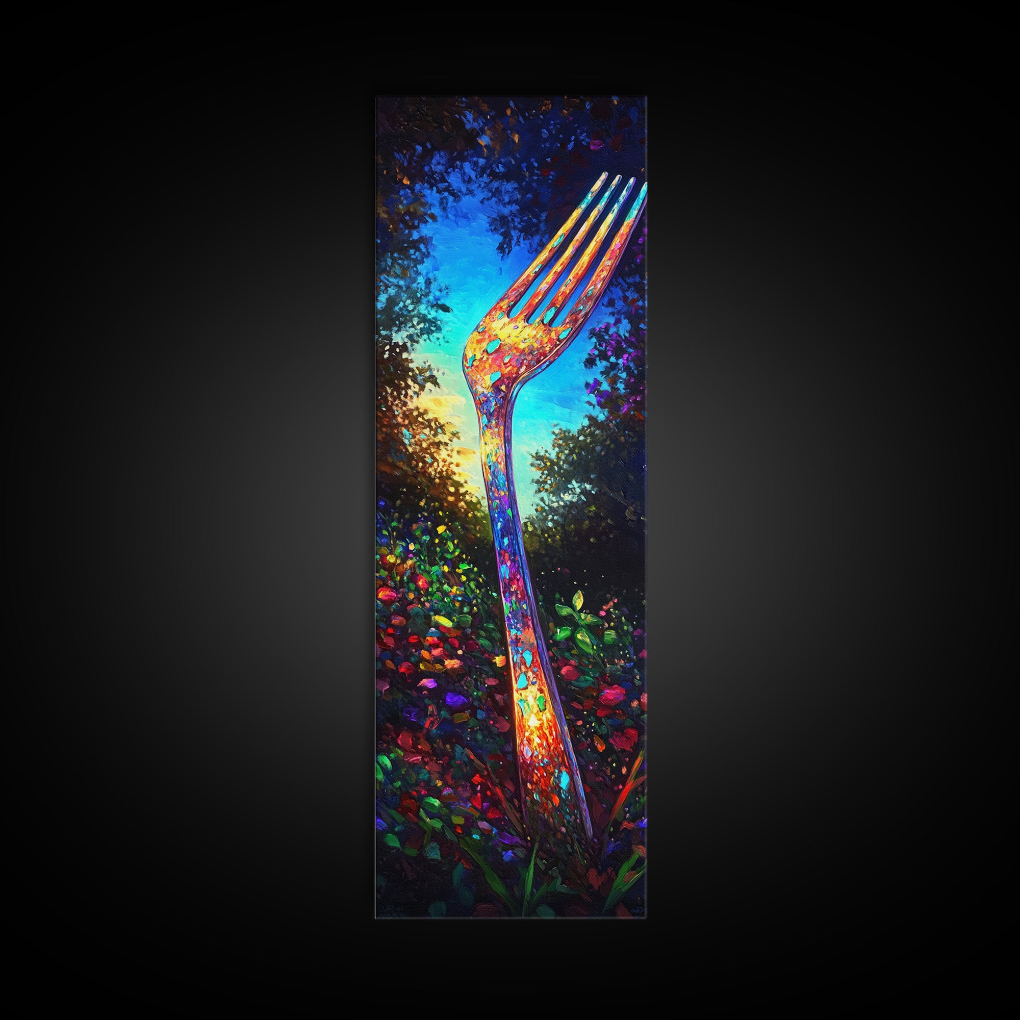 Giant Rainbow Fork In Garden Wall Art, Surreal Kitchen Canvas Print, Whimsical Food Decor, Funky Dining Room Art Print Gift