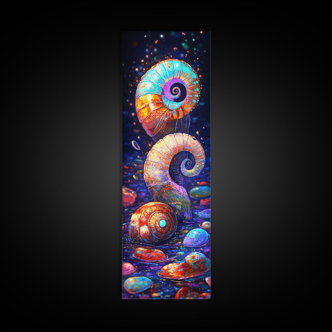 Rainbow Spiral Seashells And Pebbles Wall Art, Coastal Canvas Print, Nautical Bathroom Decor, Ocean Lover Gift For Her Beach