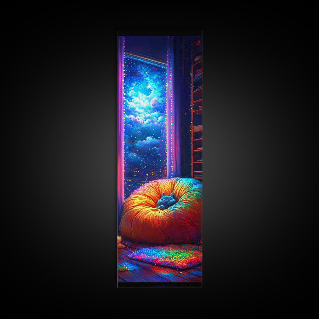 Cozy Rainbow Bean Bag By Starry Window Wall Art, Whimsical Bedroom Canvas Print, Galaxy Room Decor, Dreamy Art Gift For Her