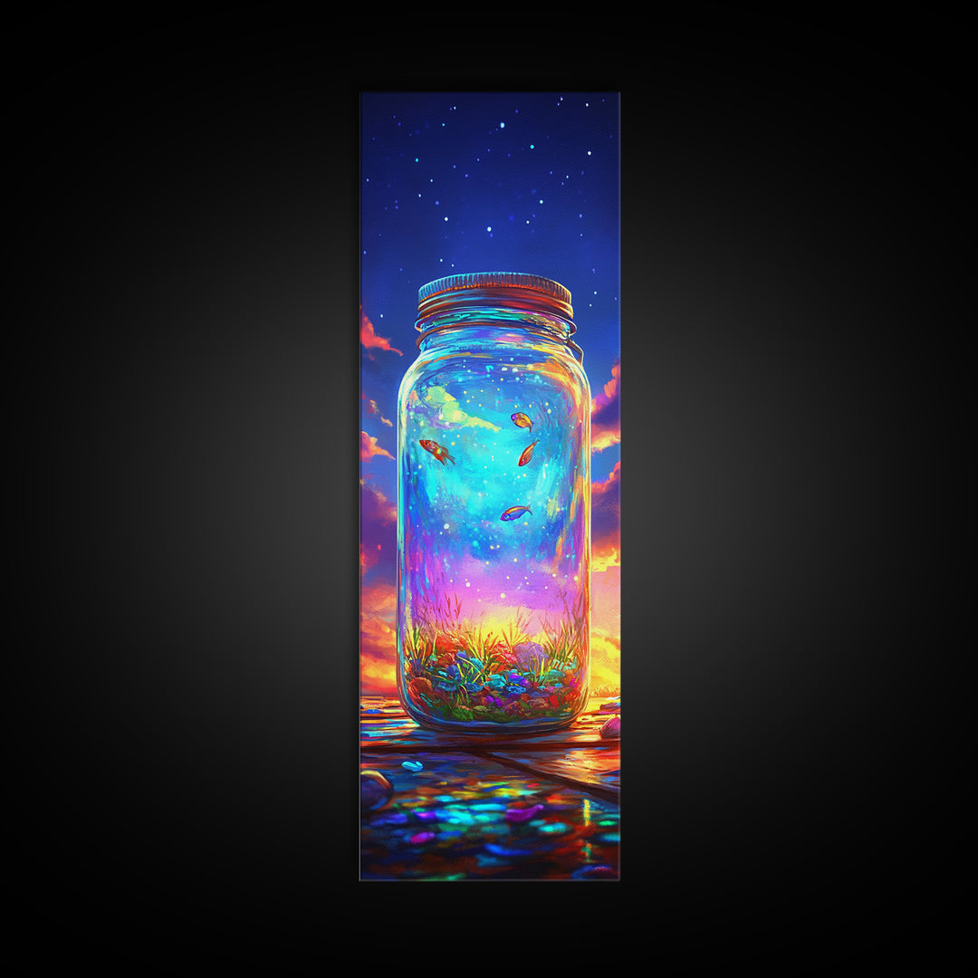 Glowing Mason Jar With Tiny Fish At Sunset Canvas Print, Magical Celestial Wall Art, Colorful Nature Decor, Unique Art Gift