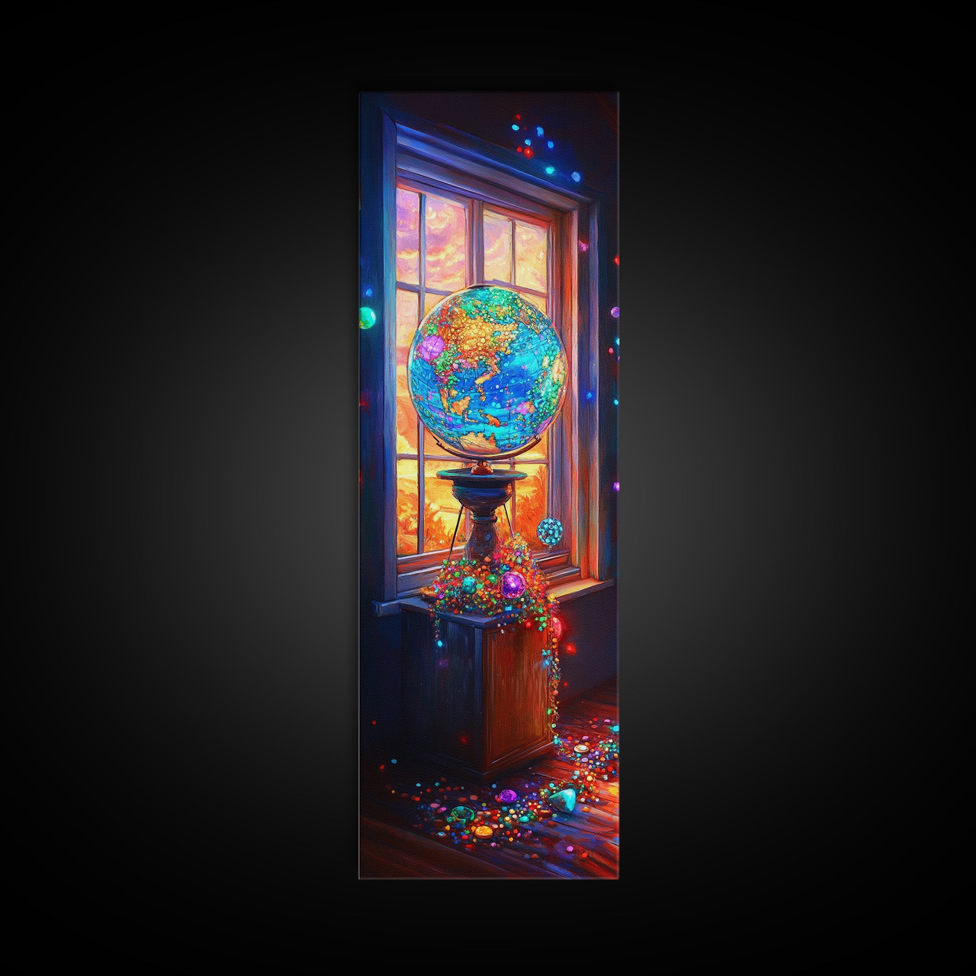 Glowing Jeweled Globe By Window Framed Canvas Print, Colorful Celestial Wall Art, Whimsical Office Decor, Unique Art Gift