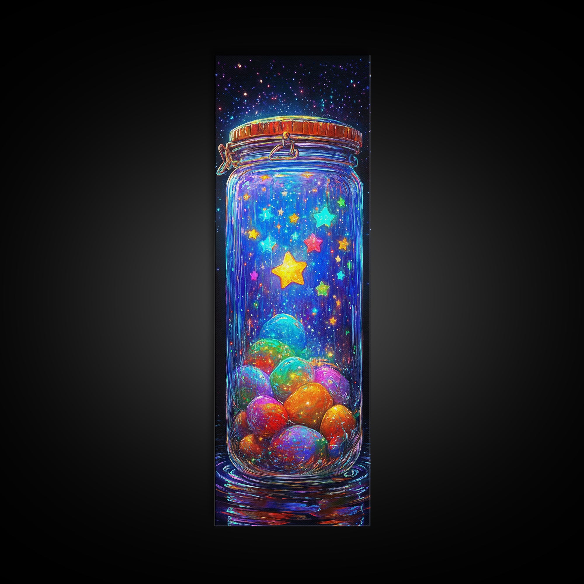 Glowing Star Jar With Tiny Planets Wall Art, Whimsical Celestial Canvas, Colorful Nursery Decor, Space Lover Gift Print Poster